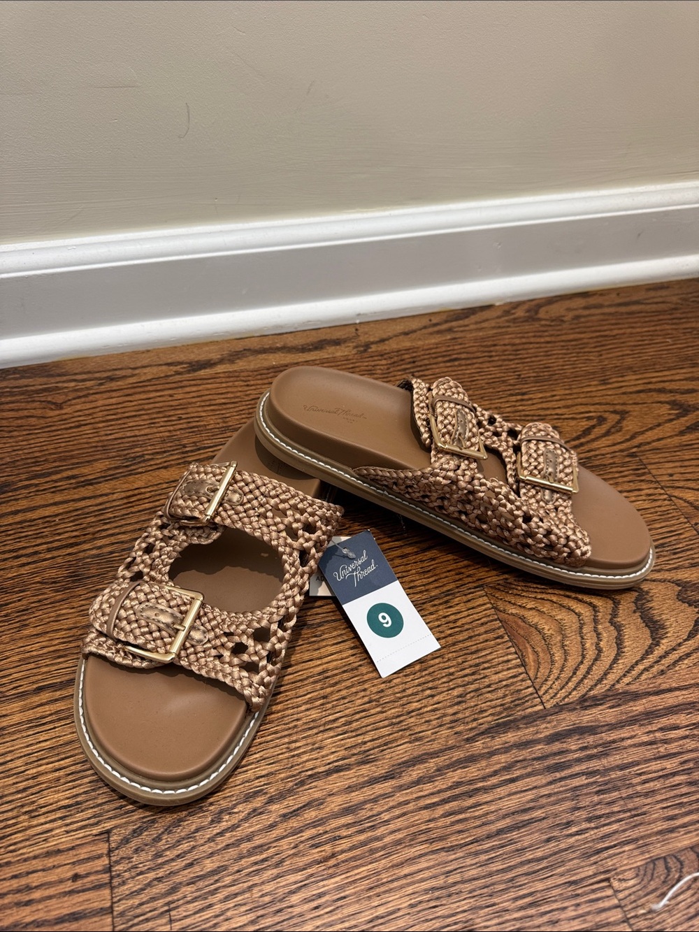 Woven Metallic Buckle Slide Sandals - Tan NWT 9